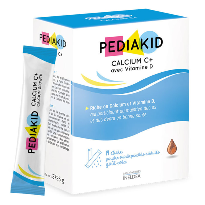 PEDIAKID - Calcium C+ et Vitamine D - Complément Alimentaire Naturel - Couvre 100% des AJR en Calcium - Maintien du Capital Osseux et Dentaire - Goût Cola - 14 Sticks de Poudre Orodispersible
