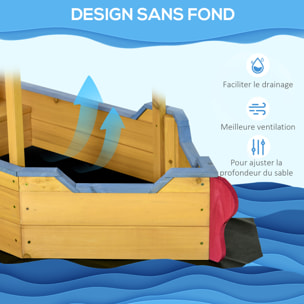 Bac à sable bateau de pirate en bois - voile d'ombrage, coffre rangement, gouvernail - bois sapin pré-huilé