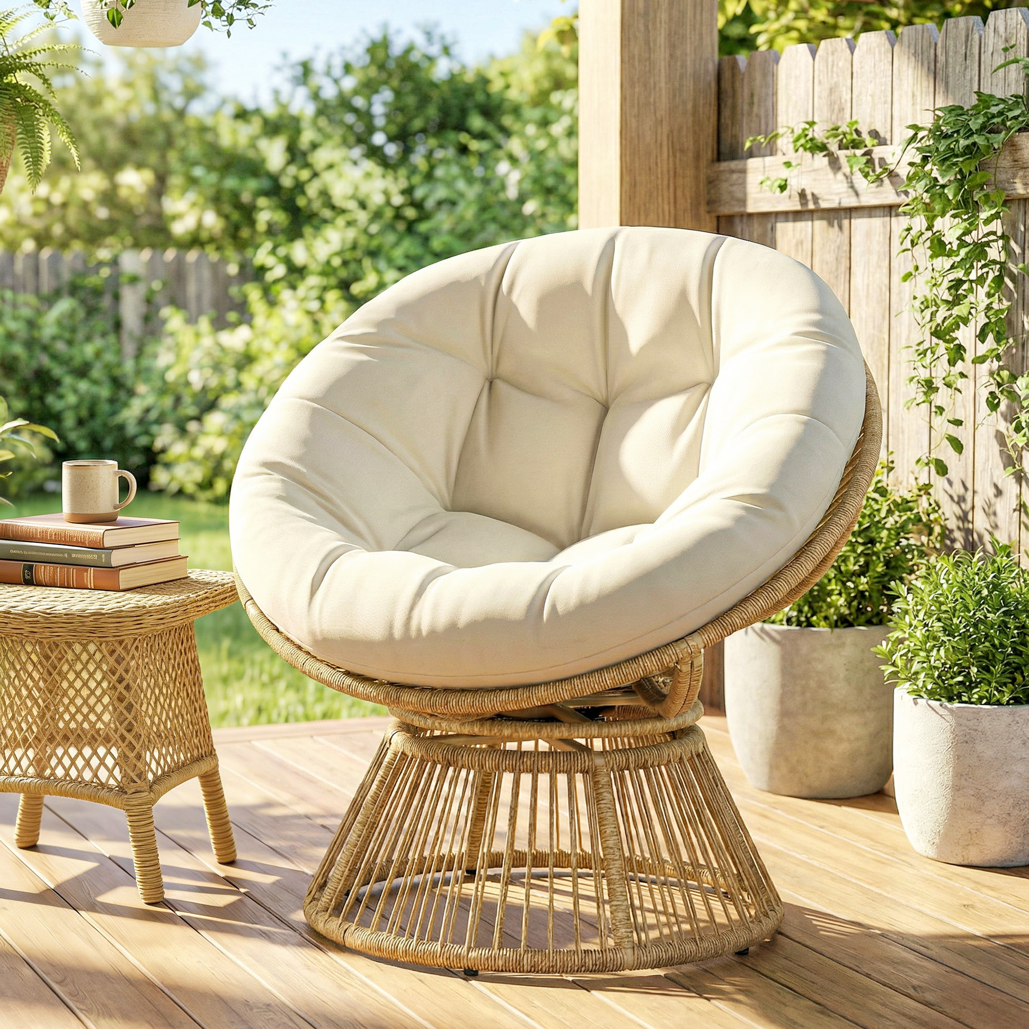 Fauteuil papasan pivotant 360° coussin moelleux polyrotin naturel