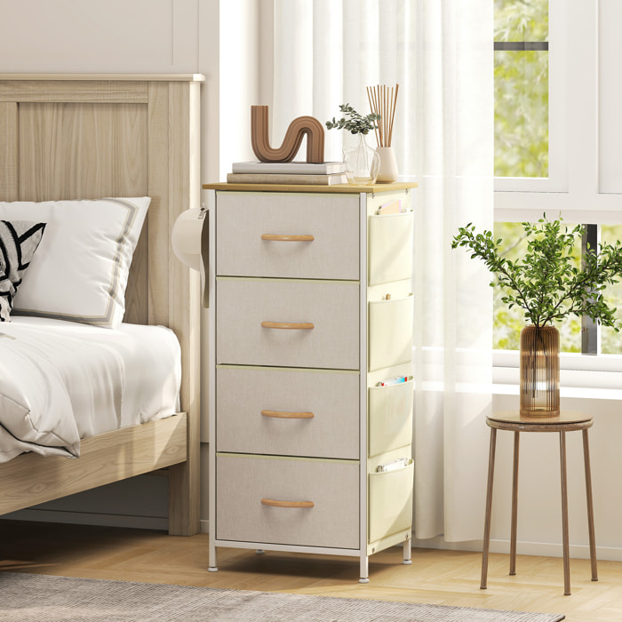 Commode chiffonnier 4 tiroirs en tissu beige 4 poches 2 crochets acier blanc effet bois