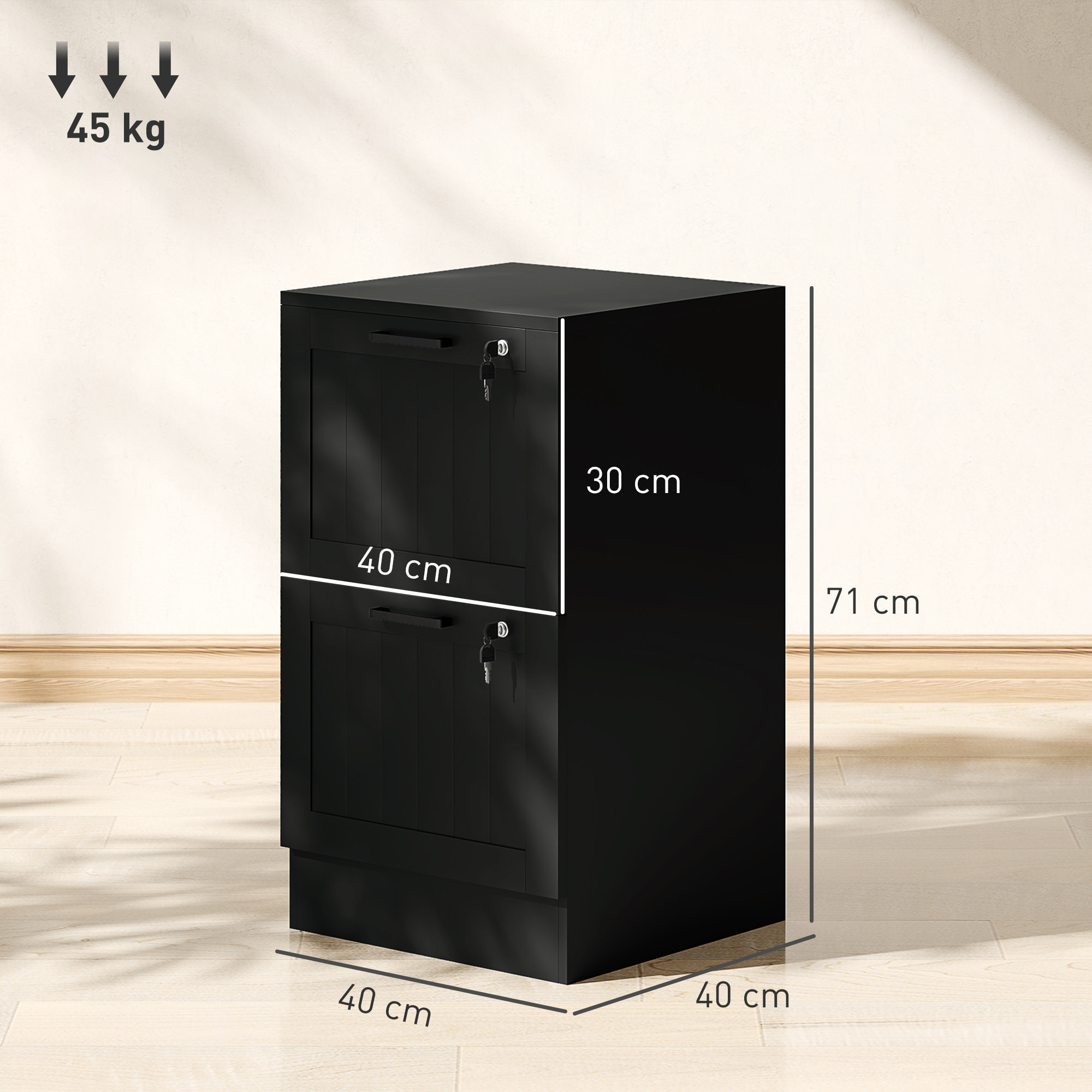Caisson bureau 2 tiroirs verrouillables dossiers suspendus dim. 40x40x71cm MDF noir