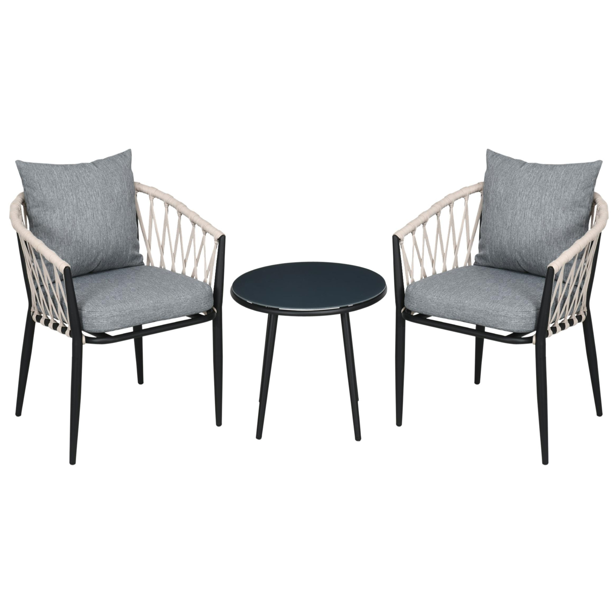 Conjunto de Muebles de Jardín 3 Piezas Juego de Muebles de Terraza Incluye Mesa con Encimera de Vidrio Templado y 2 Sillones con Cojines Reposabrazos de Cuerda Polipropileno Gris