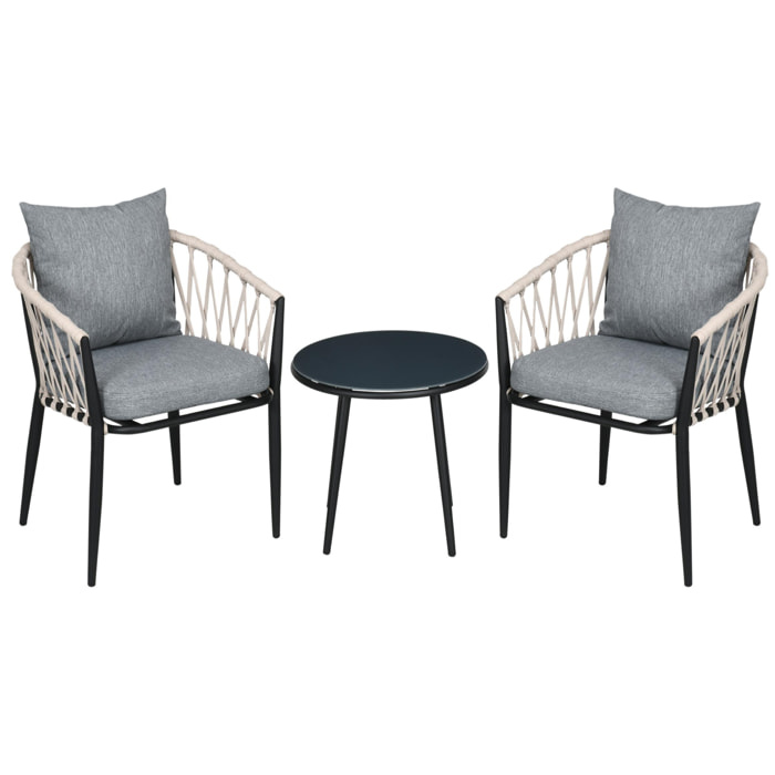 Conjunto de Muebles de Jardín 3 Piezas Juego de Muebles de Terraza Incluye Mesa con Encimera de Vidrio Templado y 2 Sillones con Cojines Reposabrazos de Cuerda Polipropileno Gris