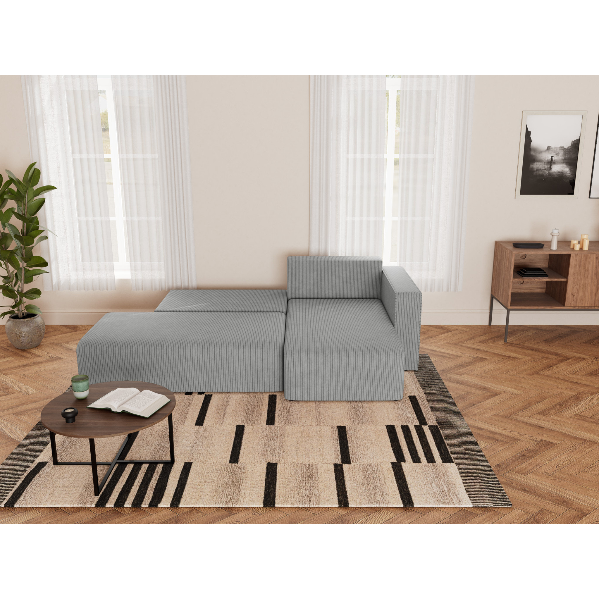 Topaze - canapé d'angle droit 4 places convertible avec coffre sans accoudoir en velours côtelé - Gris clair