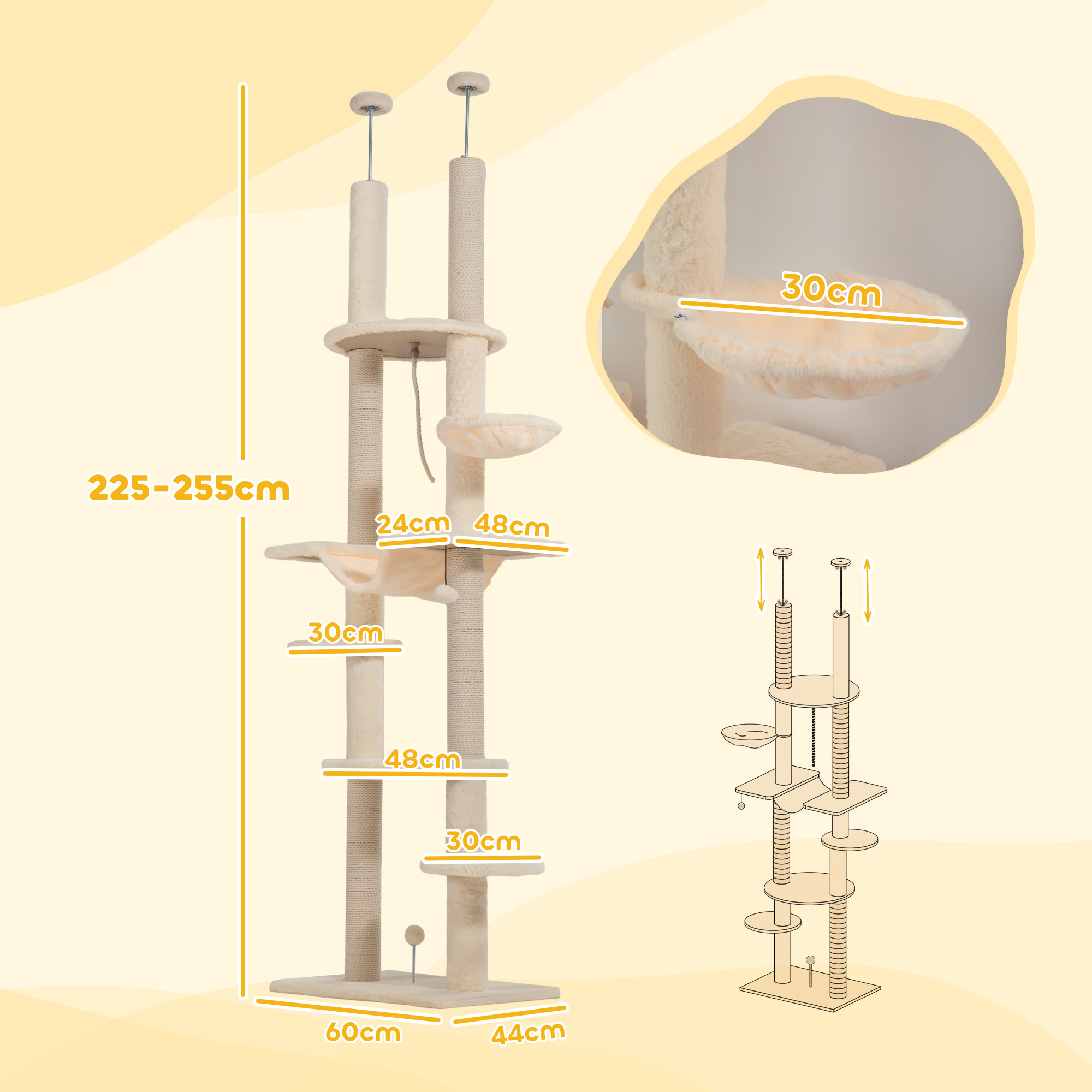 Árbol para Gatos de Suelo a Techo 225-255 cm Árbol Rascador para Gatos de 7 Niveles Torre para Gatos con Hamacas Plataformas Juguete de Cuerda Bola de Juguete Beige y Gris