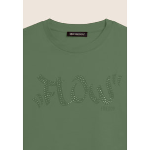 T-shirt Cropped con grafica "FLOW" e borchie