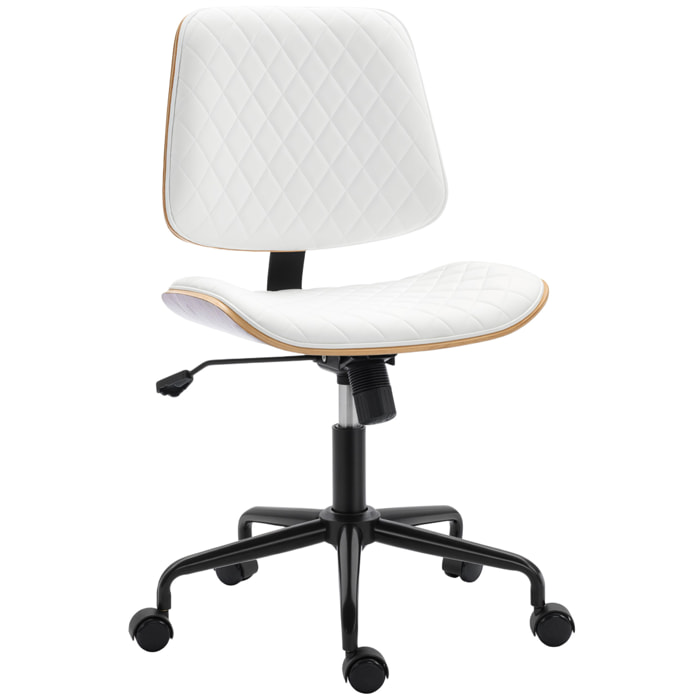 Silla de Escritorio sin Brazos, Silla de Oficina Giratoria, Tapizada en Cuero Sintético, con Respaldo Curvado, Asiento Forma U, Altura Ajustable, Basculante, Blanco