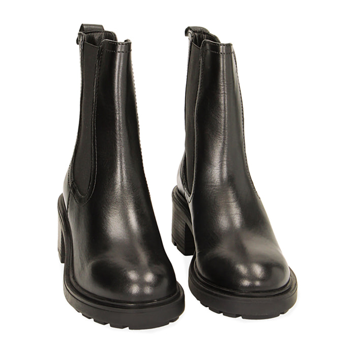 Botines de cuero negro Chelsea hasta el tobillo, tacón de 5,5 cm