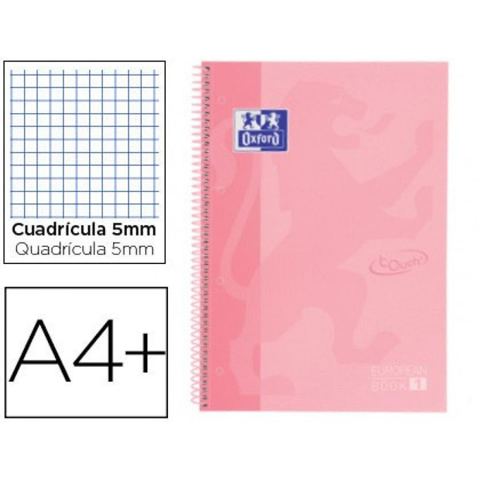 Cuaderno espiral oxford ebook 1 school touch te din a4+ 80 hojas cuadro 5 mm con margen flamingo pastel (Pack de 5 uds.)