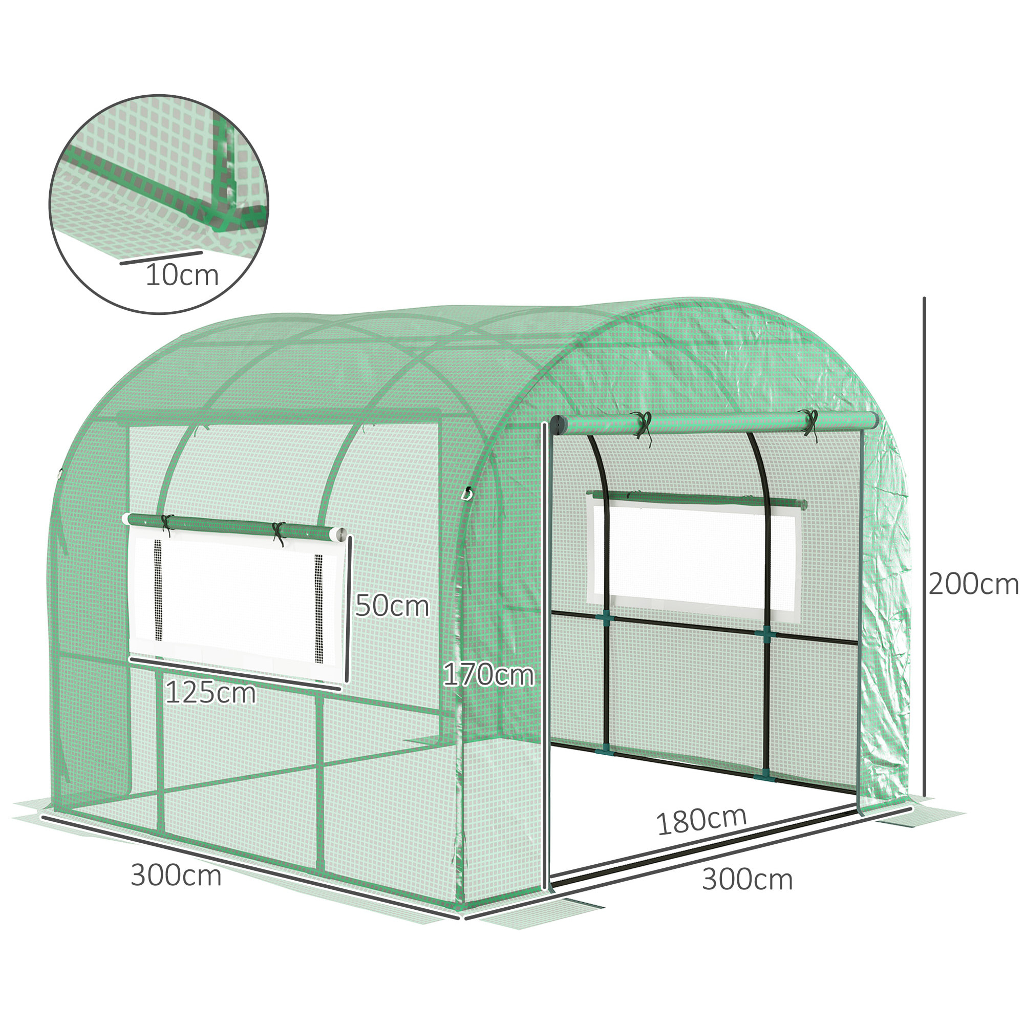 Serre tunnel 6 m² 2 portes zippées 2 fenêtres maillées acier PE haute densité 135 g/m² vert