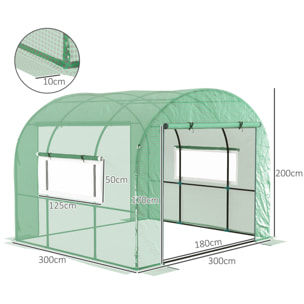 Serre tunnel 6 m² 2 portes zippées 2 fenêtres maillées acier PE haute densité 135 g/m² vert