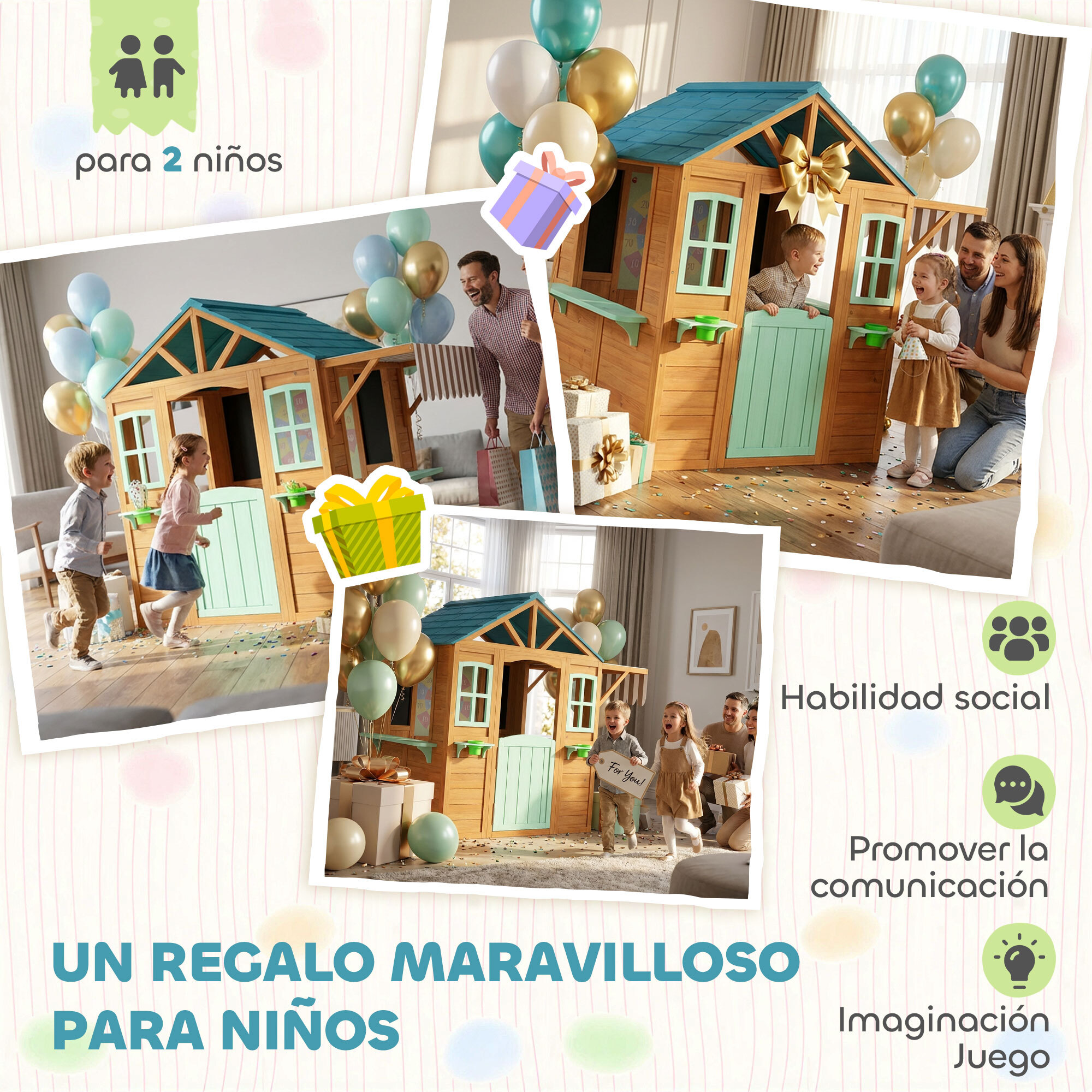 Casita Infantil Exterior e Interior de Madera, Casita Infantil con Barra de Snack, Maceteros, Pizarra, Ventanas, Tela para Tiro y 4 Pelotas, Casa de Jardín para Niños de 3-6 Años, Multicolor