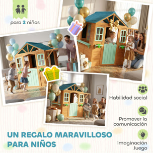 Casita Infantil Exterior e Interior de Madera, Casita Infantil con Barra de Snack, Maceteros, Pizarra, Ventanas, Tela para Tiro y 4 Pelotas, Casa de Jardín para Niños de 3-6 Años, Multicolor