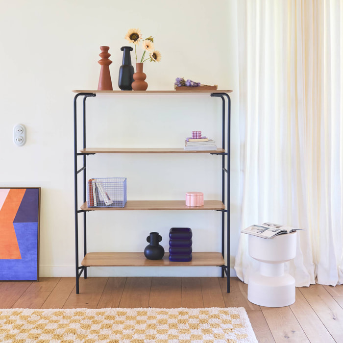 Bibliothèque en décor bois avec structure et pieds en métal noir 4 étagères
