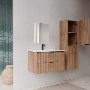 Pack Meuble salle de bain 80cm et Colonne de rangement - Façades Ondulées Décor Bois - MILO