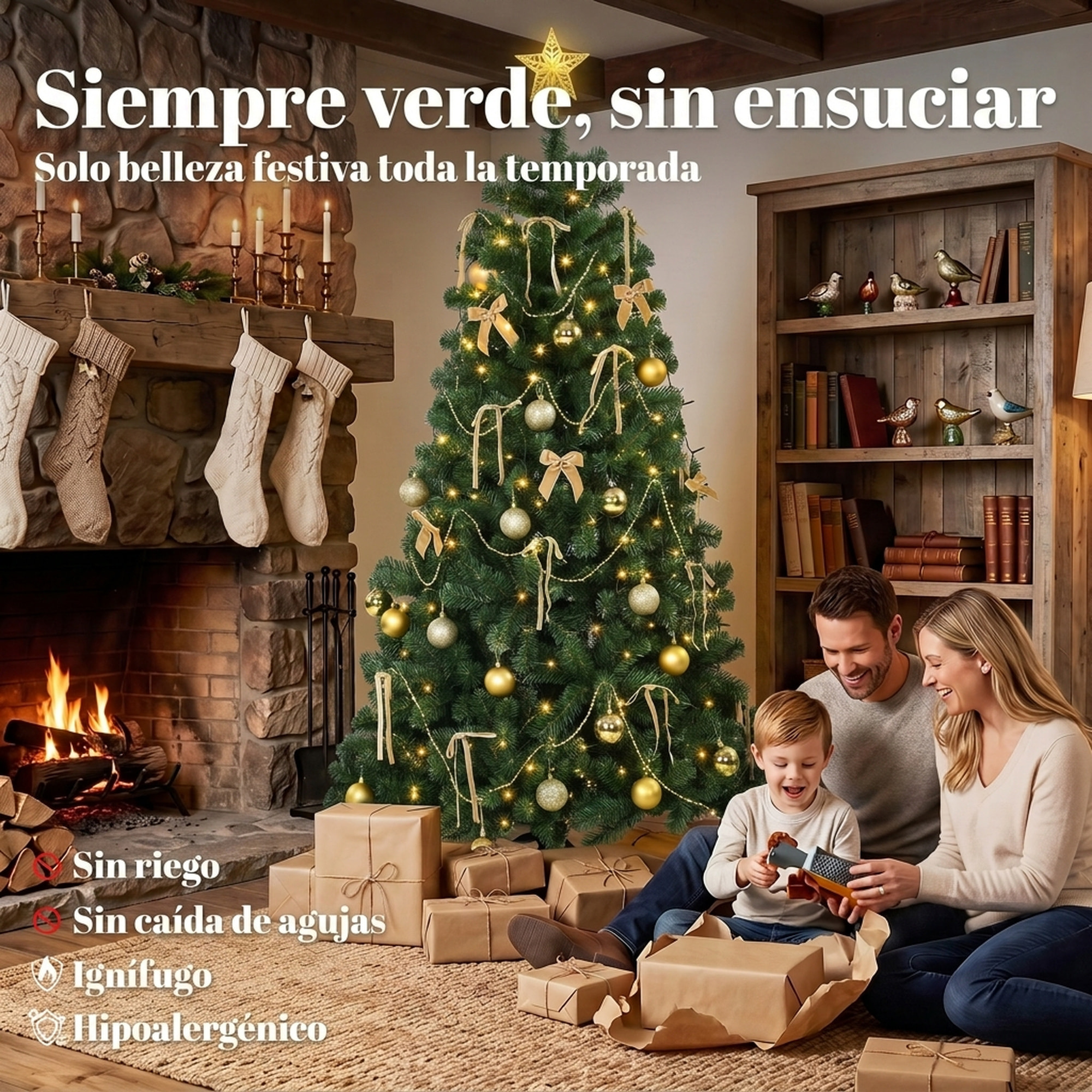 Árbol de Navidad con 240 LED Blanco Cálido, 180 cm, Árbol de Navidad Decorativo, 755 Ramas Ignífugas, Estrella, 30 Bolas, 18 Lazos y Decoración Dorada, Verde