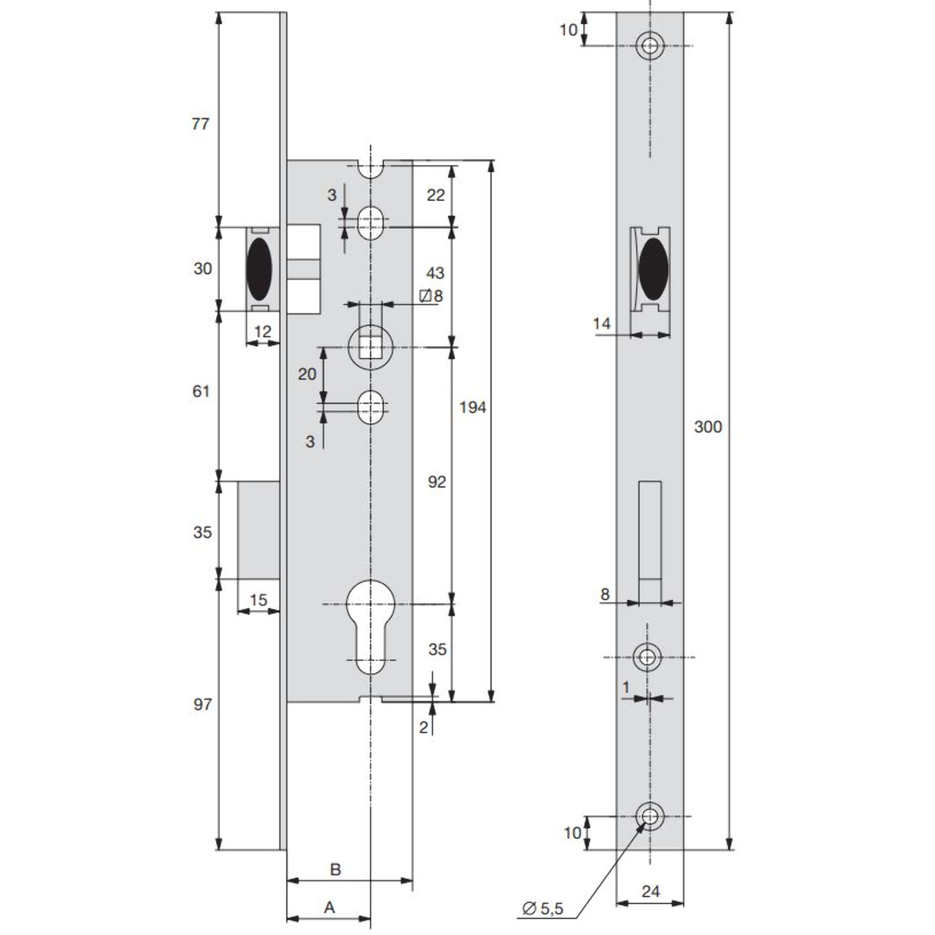 Serrure 1 point 2260 ASSA ABLOY pêne dormant 1/2 tour - Tetière 24x300 mm préclamée + gâche 4mm - 2260.41.0TP24LON