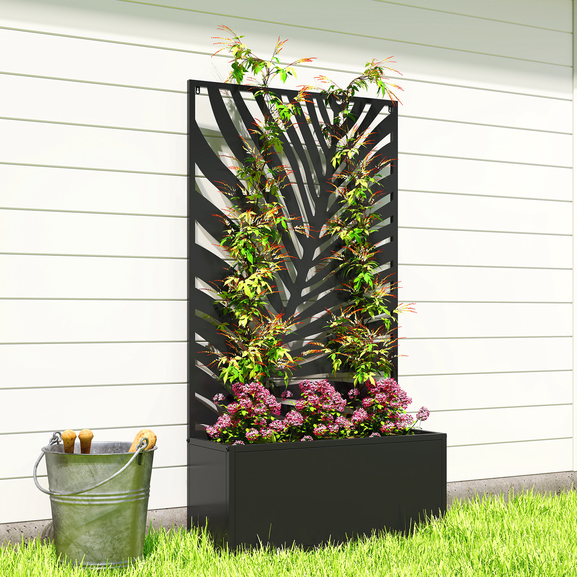 Jardinière treillis haut design graphique feuillage 61 x 23 x 113 cm métal époxy noir