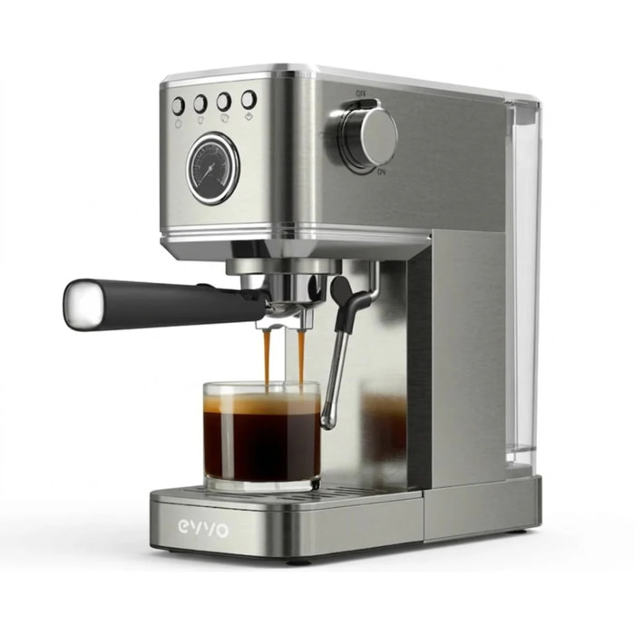 EVVO Cafetera Express Intensa. 20 bares. cuerpo de acero. Espressos y Capuccinos. 1350W. Doble salida. Portafiltros. Depósito de 1.5 l. calentamiento rápido