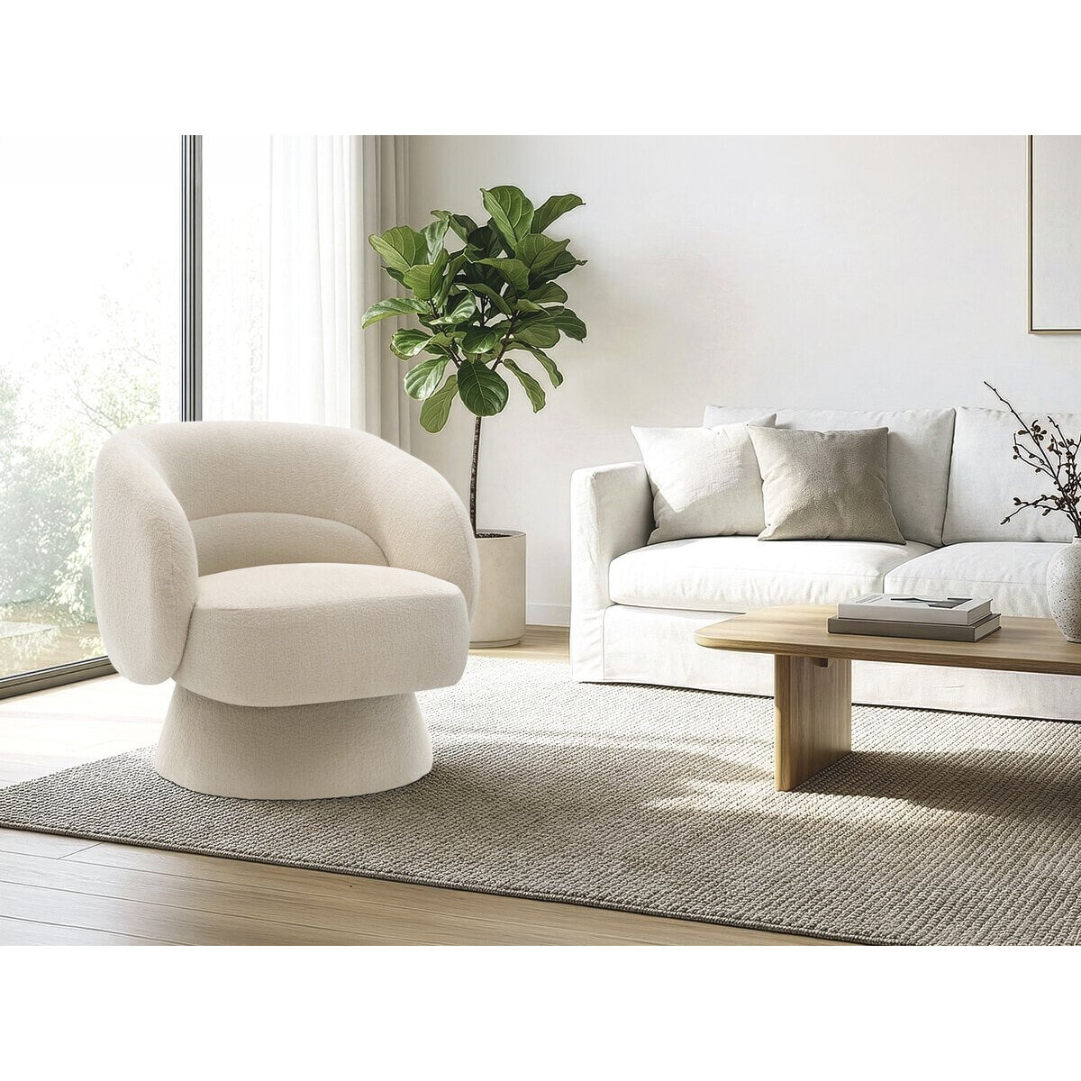 Fauteuil pivotant en tissu bouclette "Franklin" - 74 x 75 x 75 cm - Beige