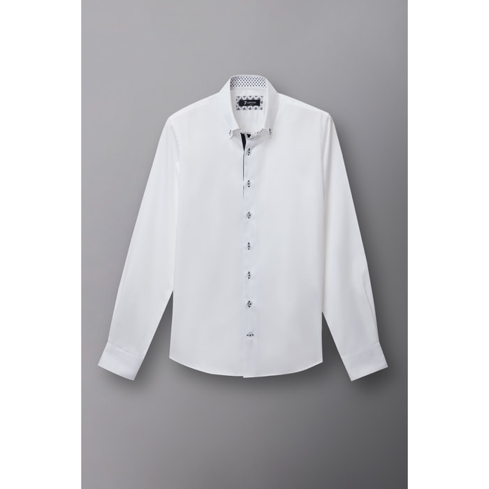 Camicia Uomo 2 Bottoni Button Down Slim Satin Unito Bianco