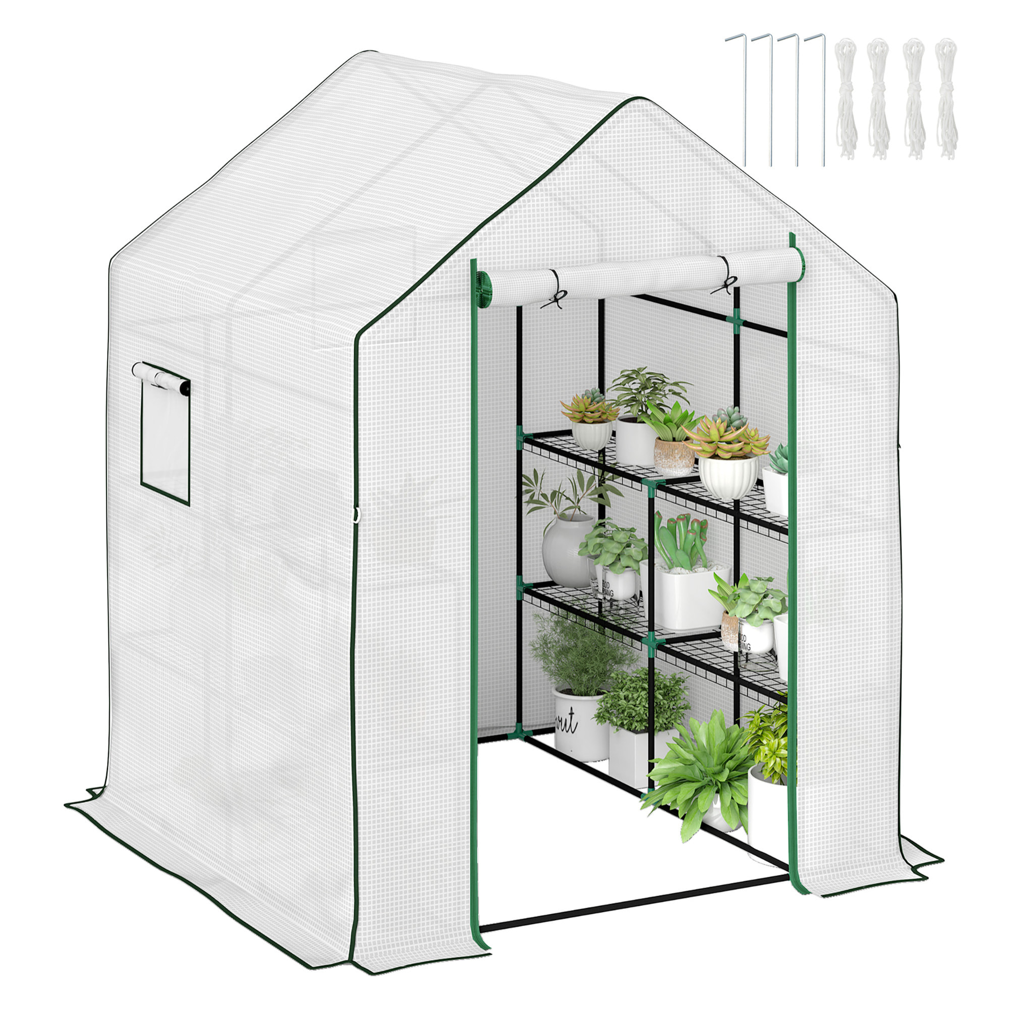 Invernadero de Exterior Invernadero Pequeño de 3 Niveles con 6 Estantes Puerta Enrollable Cubierta de PE y Marco de Acero para Cultivos Plantas Flores 140x143x190 cm Blanco
