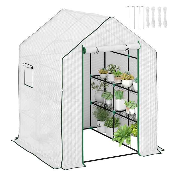 Invernadero de Exterior Invernadero Pequeño de 3 Niveles con 6 Estantes Puerta Enrollable Cubierta de PE y Marco de Acero para Cultivos Plantas Flores 140x143x190 cm Blanco