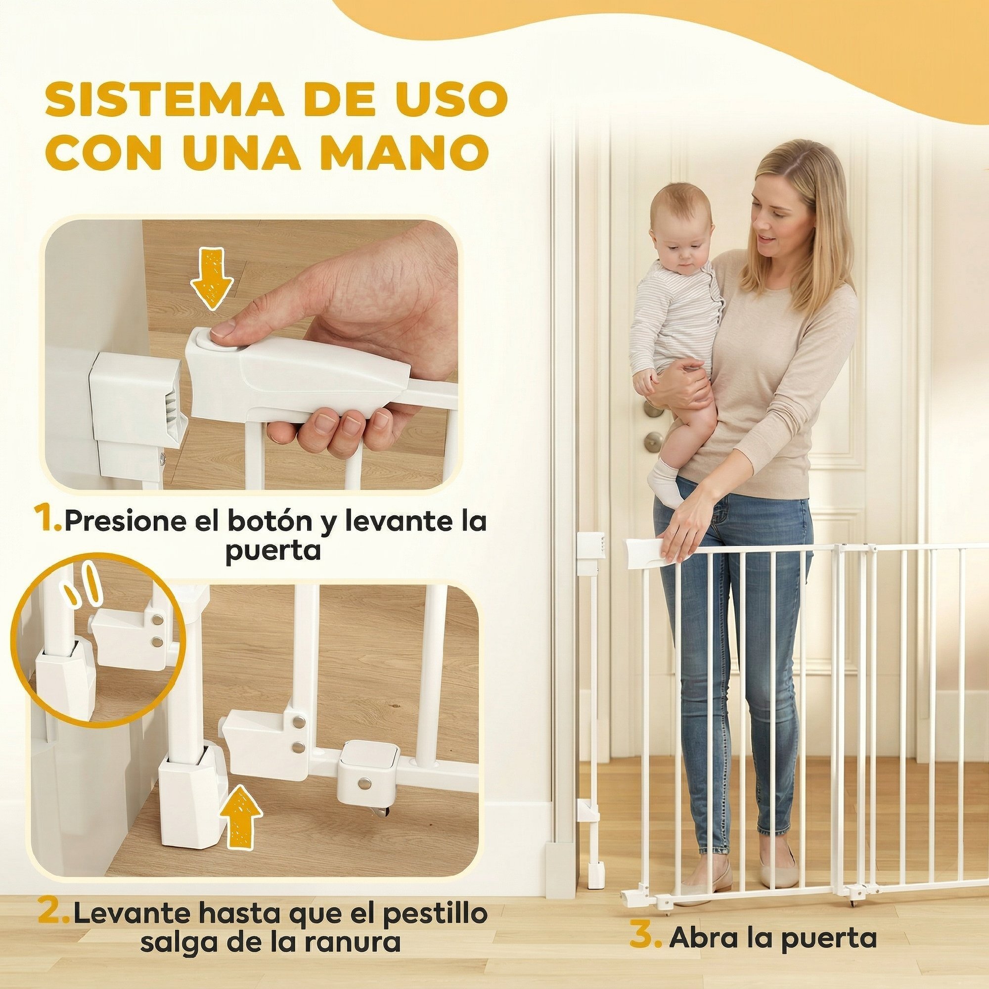 Barrera de Seguridad para Perros, Ancho 74,5-111,5 cm, Puerta para Perros para Puertas y Escaleras con Pestillo, Cierre Automático, Uso con Una Mano, Montada en la Pared, Sin Umbral, Blanco
