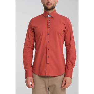Camicia Uomo 1 Bottoni Button Down Slim Popeline Stretch Unito Rosso Mattone