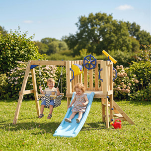 Columpio y Tobogán Infantil Exterior, Parque Infantil Exterior de Madera con Columpio, Tobogán, Volante, Telescopio, para Niños de 18-48 Meses, para Patio, Césped, Natural