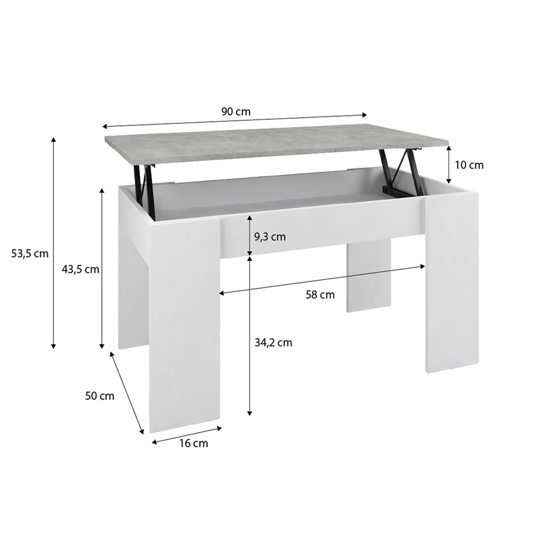 Mesa de centro elevable con almacenaje en blanco artik y gris cemento 90x43-53 cm Norak Blanco Artik (Blanco Mate) - Gris Cemento