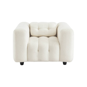 Fauteuil 1 place en bouclette texturée capitonné blanc structure bois d'eucalyptus et contreplaqué