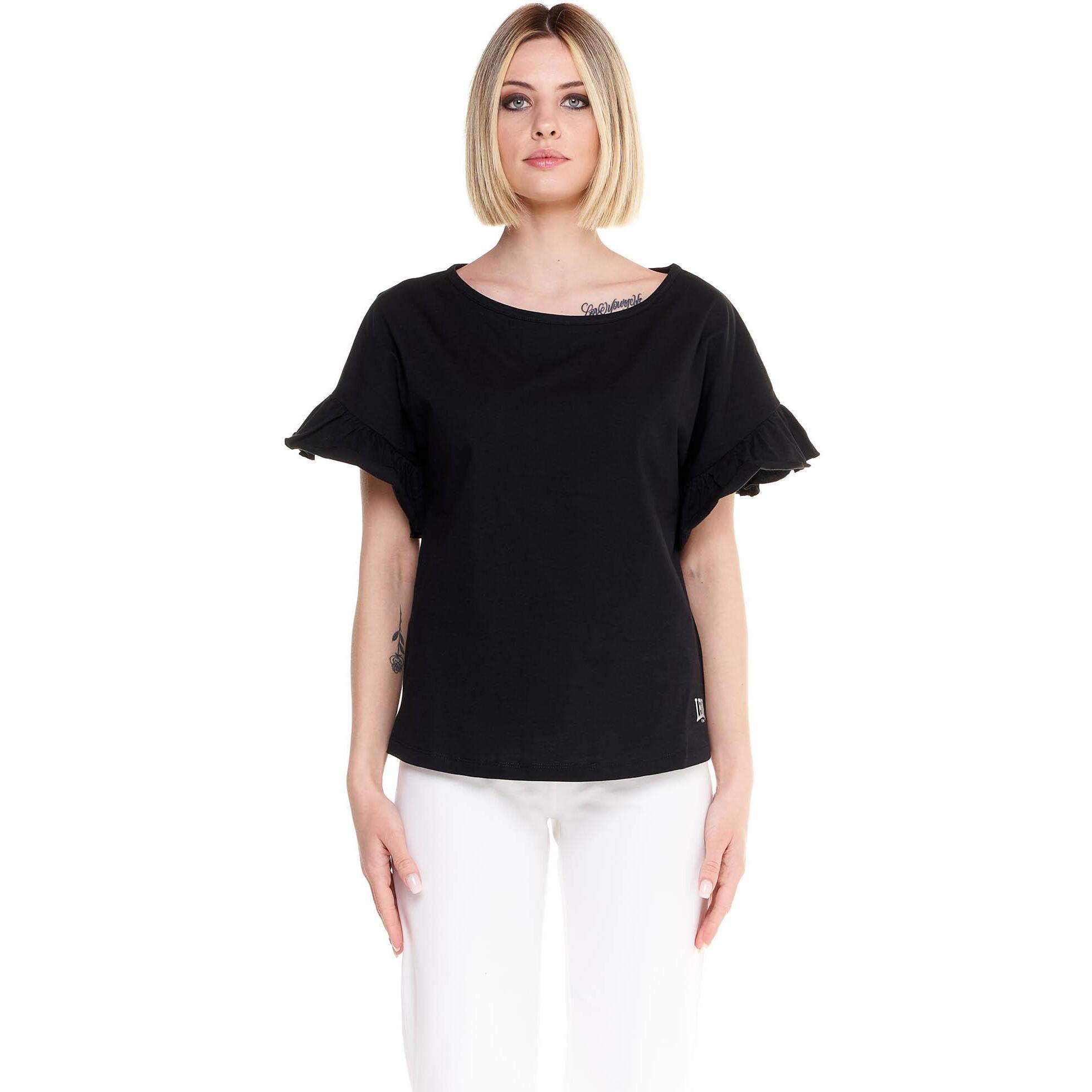 Camiseta de mujer brillante de manga corta con volantes