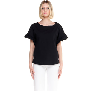 Camiseta de mujer brillante de manga corta con volantes