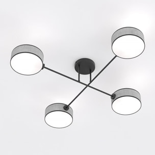 Lampada a sospensione Maga a quattro luci in metallo nero e tessuto grigio