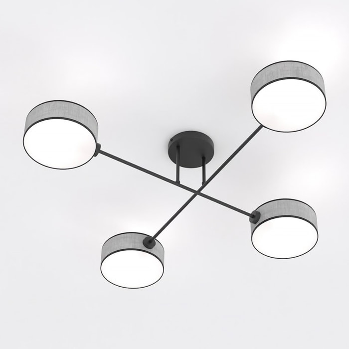 Lampada a sospensione Maga a quattro luci in metallo nero e tessuto grigio