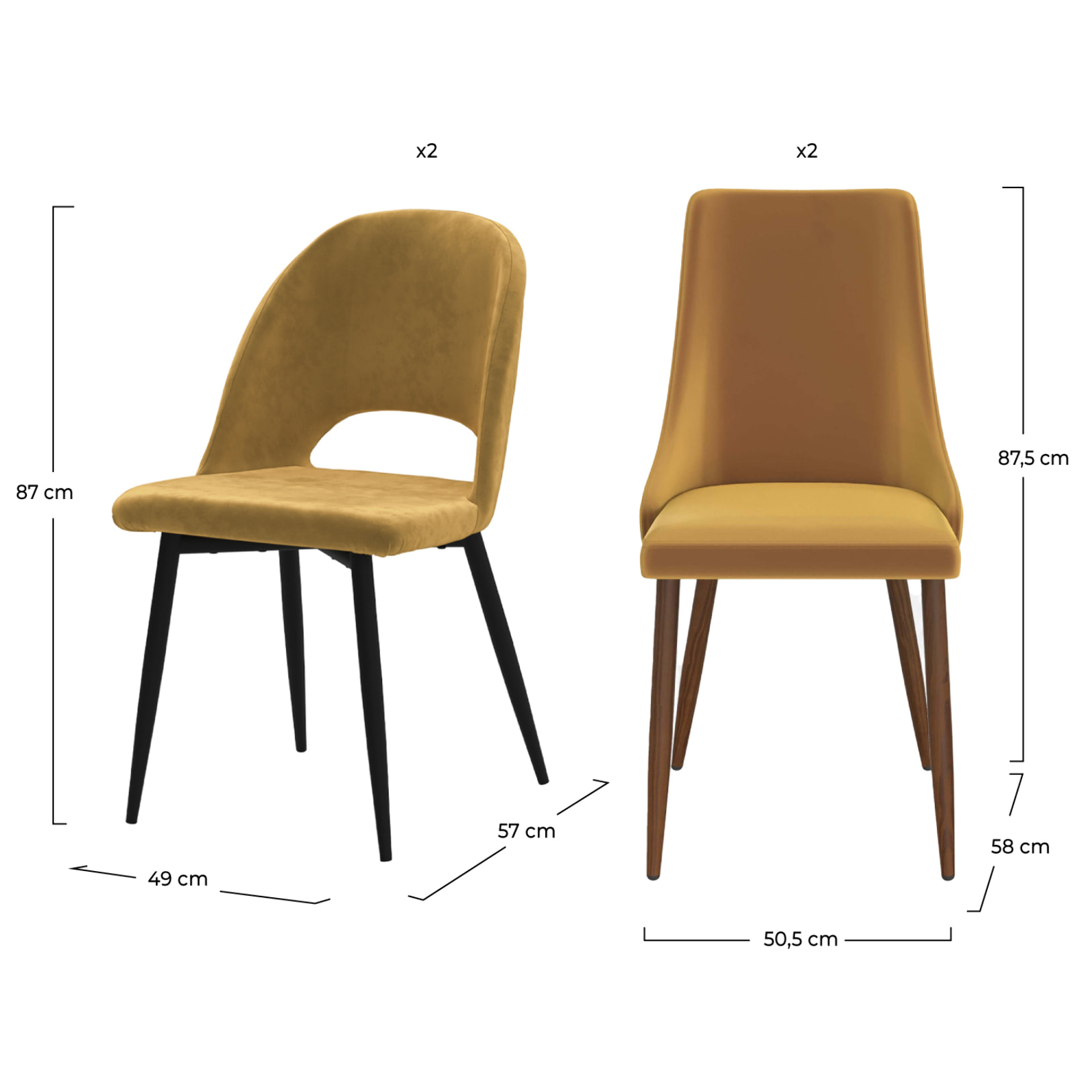 Pack 4 chaises en velours jaune - Pénélope