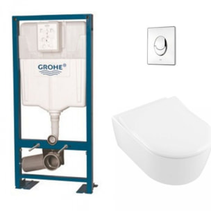 Pack WC suspendu sans bride Avento + abattant + plaque chromée + bâti Grohe