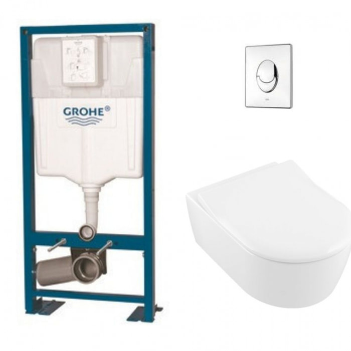 Pack WC suspendu sans bride Avento + abattant + plaque chromée + bâti Grohe