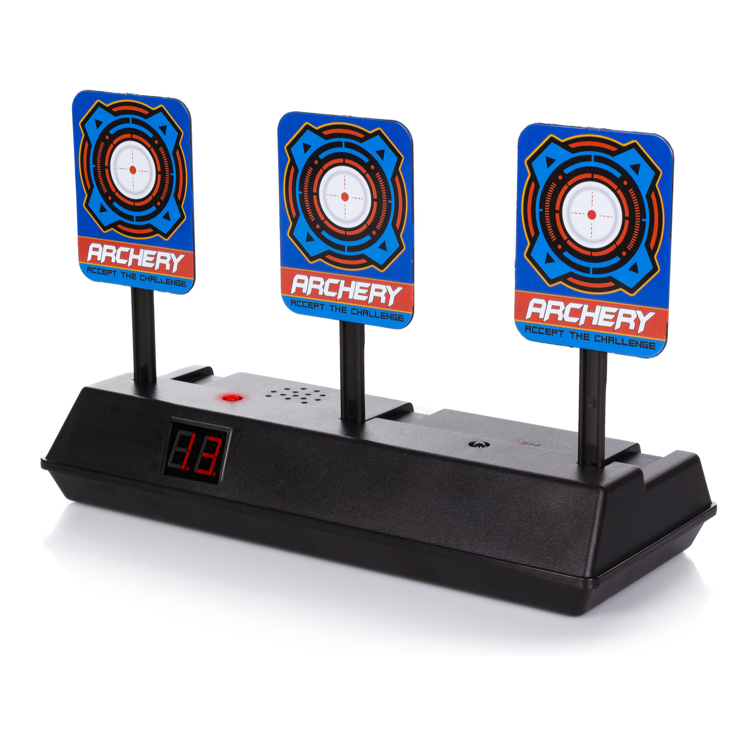 Bersagli elettronici con effetti sonori e display dei punteggi. Lancia i 3 bersagli e si solleveranno automaticamente.