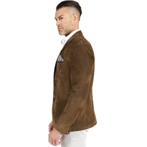 Blazer in pelle scamosciata color fango con taschino e fazzoletto