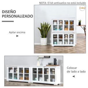 Aparador de Cocina Moderno Aparador Apilable Mueble Auxiliar de Cocina con 2 Puertas Corredizas de Vidrio y Estante Ajustable para Salón Comedor 107x33x62,5 cm Blanco