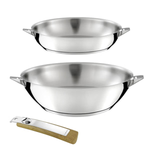 Eclipse - Set composto da 1 padella da 24 cm e 1 wok da 28 cm finitura a specchio con manico effetto legno chiaro