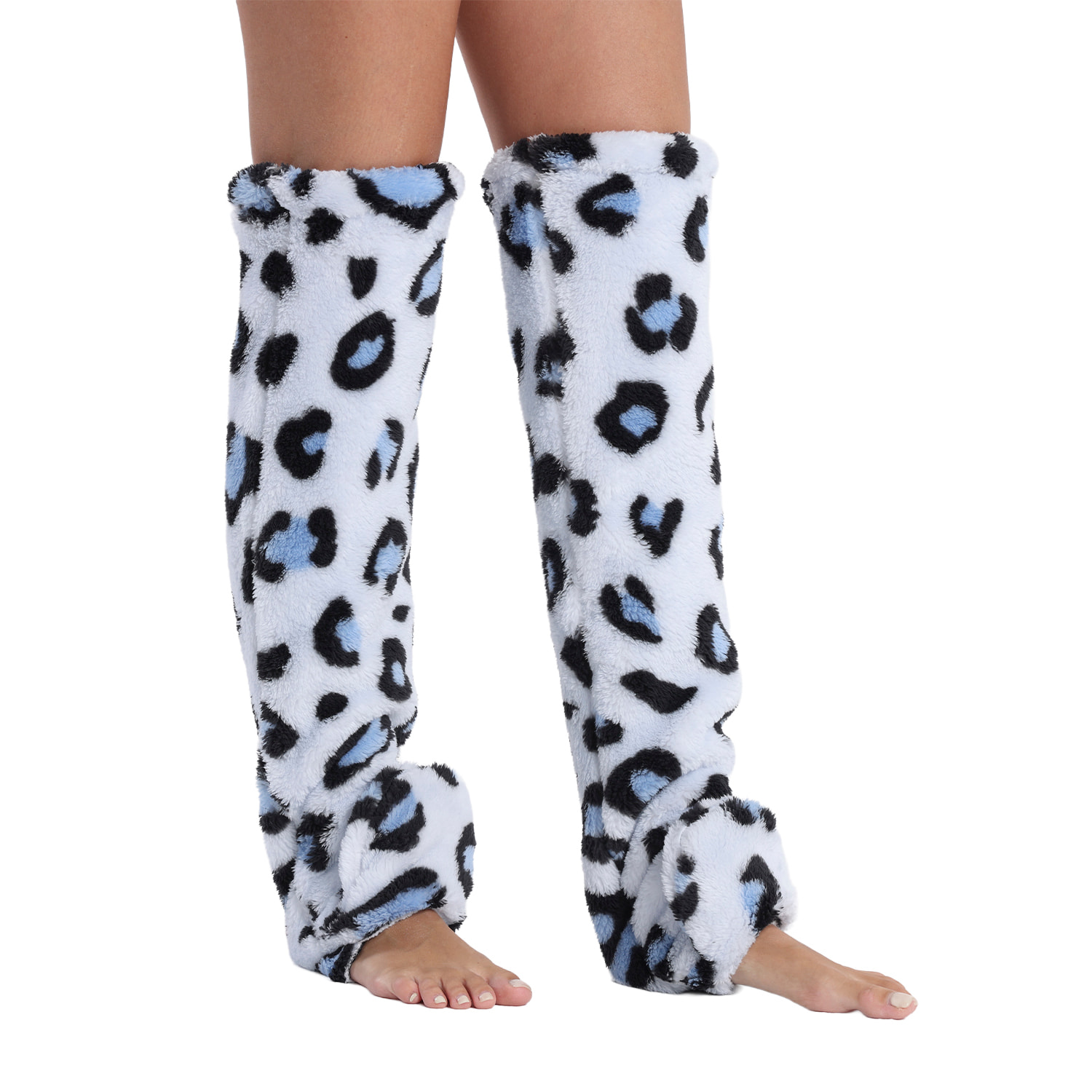 Calcetines largos de felpa extrasuave. 75 cm de longitud. Diseño leopardo blanco.