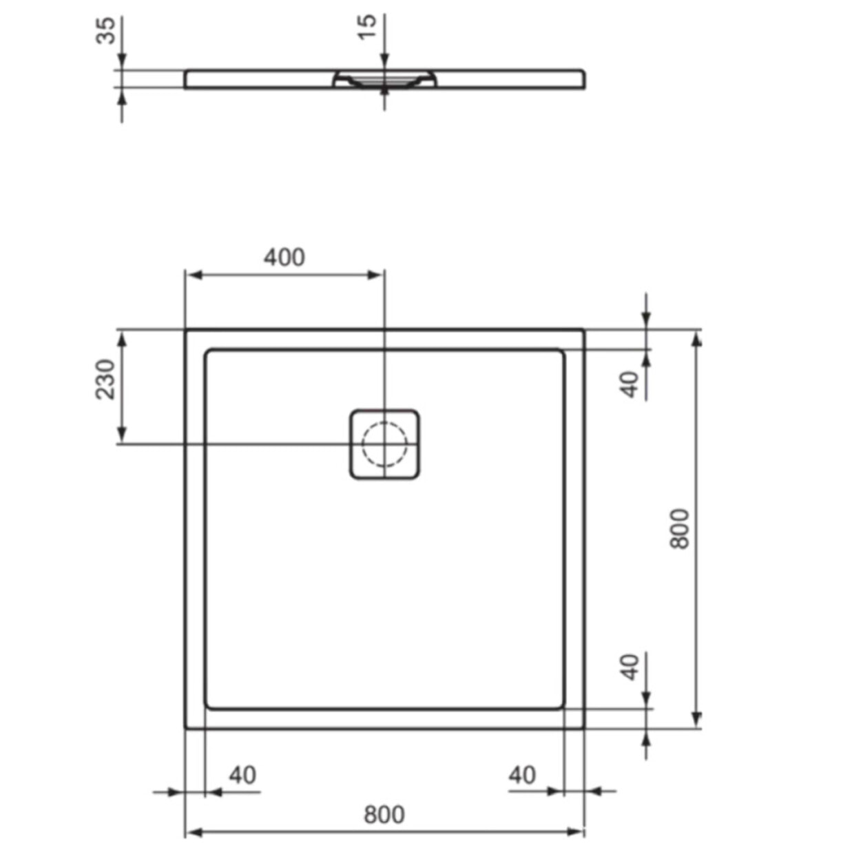 Receveur de douche antidérapant Ultra Flat Evo recoupable avec bonde longueur 80 x 80