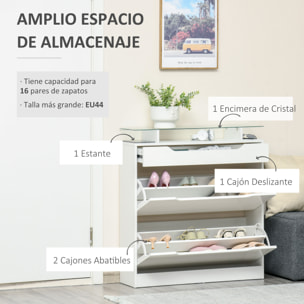 Mueble Zapatero de 2 Puertas Zapatero Estrecho para 16 Pares de Zapatos con Cajón Estante Abierto y Encimera de Vidrio para Pasillo Entrada 89x23x96 cm Blanco