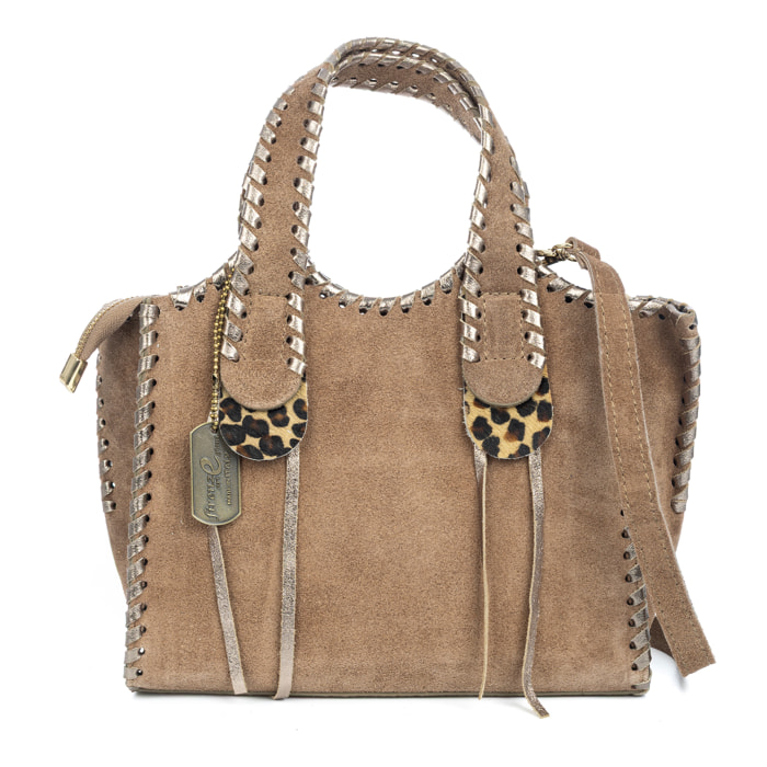 Avio borsa a mano donna. Pelle scamosciata autentica con cucitura decorativa in pelle autentica lucida.