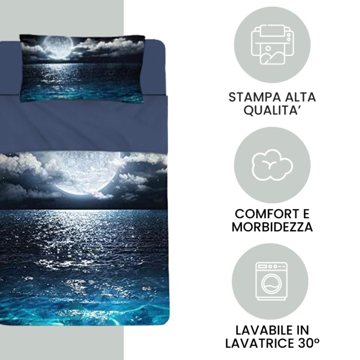 INTRECCI Set Lenzuola Una Piazza e Mezza in Cotone, Stampa Alta Qualità, Lenzuolo Sotto + Lenzuolo Sopra + 1 Federa, Comfort, per Pelli Sensibili, non Stringe in Lavatrice. Fantasia: Sea Moon