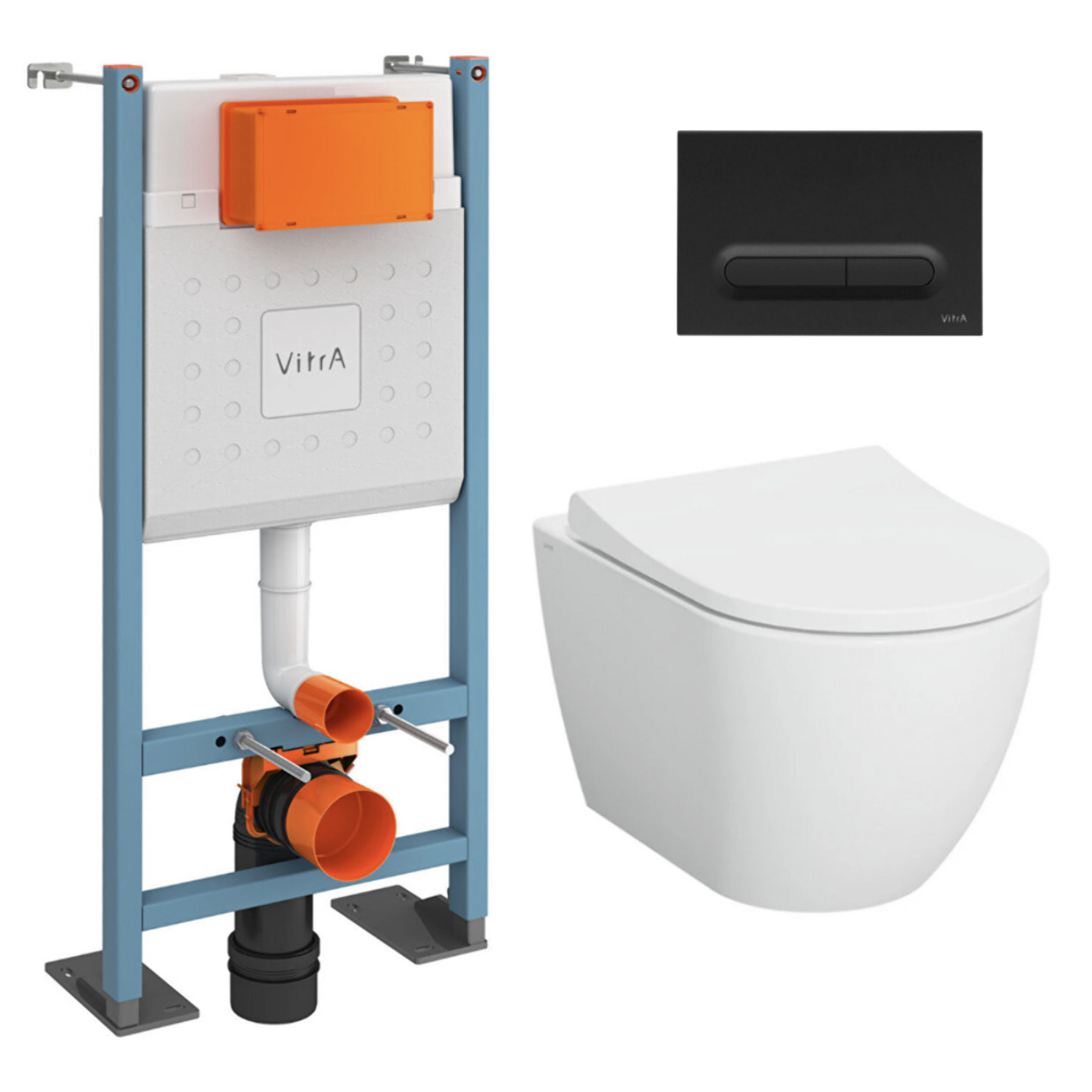 Pack WC Bâti-support autoportant V-Fix Core + WC sans bride Vitra S60 + abattant + Plaque noire mat (VFTFS60-6)