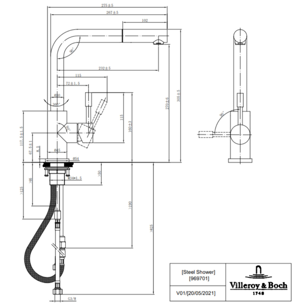 Evier Subway Pure 60 égouttoir à droite vidage auto + Robinet de cuisine Steel Shower Anthracite